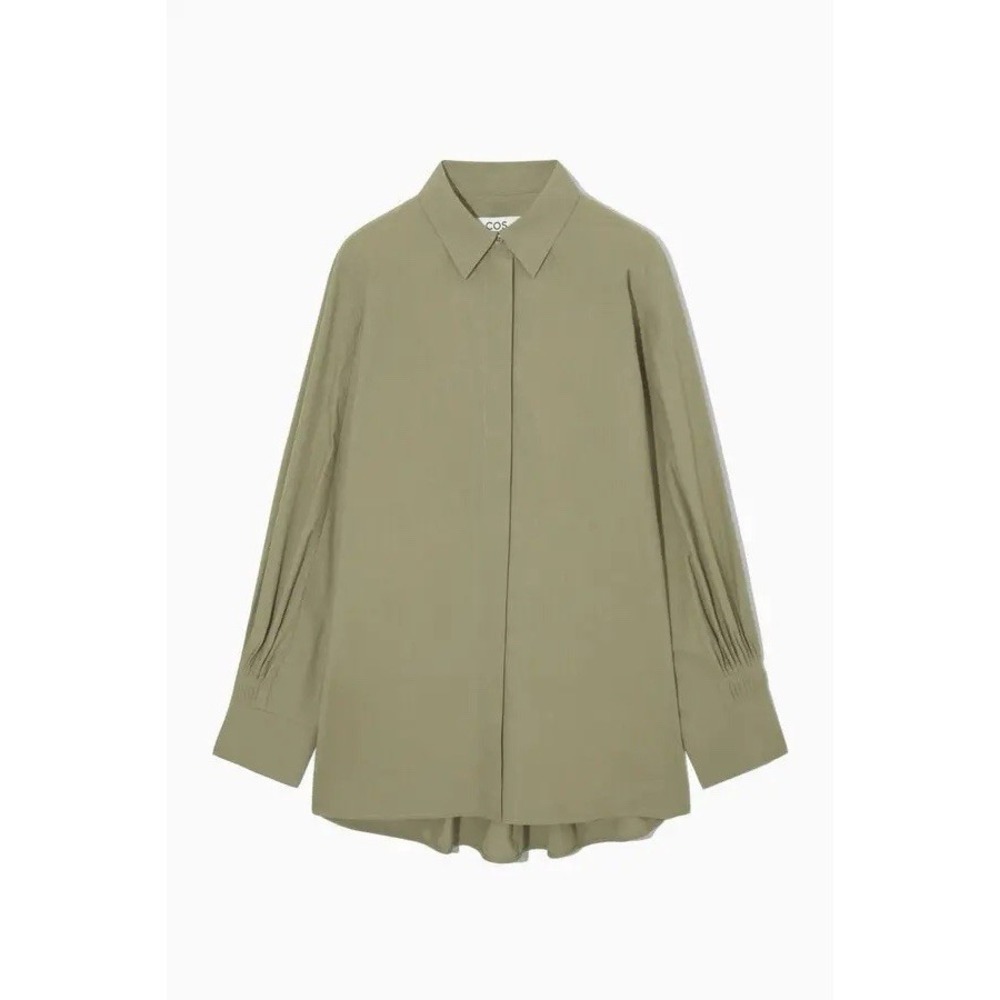 COS Olive Khaki Green Pleated Poplin Oversized Button Down Shirt Blouse Top Sz 4